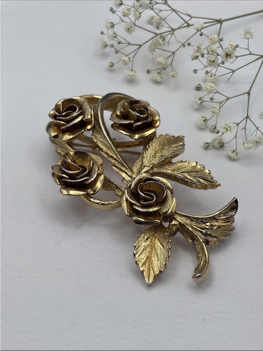 Vintage Coro Gold-Tone Rose Bouquet Brooch